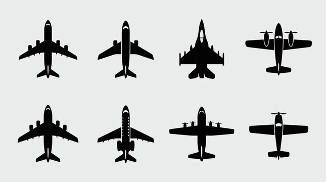 A collection of eight black silhouettes of various aircraft types, including passenger jets, a fighter plane, and propeller aircraft, viewed from above.