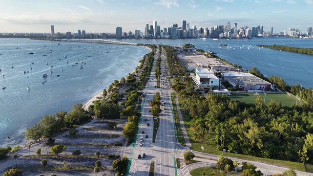 Miami Skyline At Miami In Florida United States. Seascape Skyline. Downtown Landscape. Summer Travel. Miami Skyline In Florida United States. Highrise Buildings.