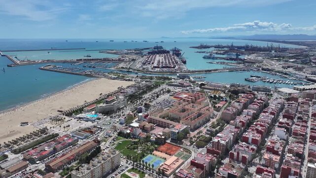 Las Arenas Beach At Valencia In Valencian Community Spain. Urban Beach. Bay Water Scenery. Downtown City. Las Arenas Beach At Valencia In Valencian Community Spain. Peaceful Landscape.