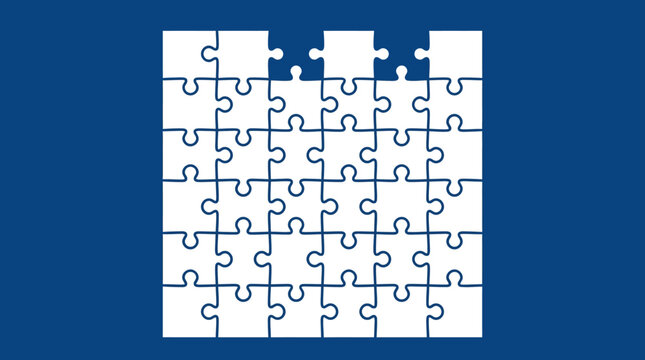 An incomplete white jigsaw puzzle grid with several missing pieces from the top row on a solid blue background, symbolizing problem-solving or a work in progress.