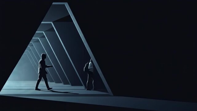 Man following woman in dark tunnel. Criminal stalking victim in underground corridor. Threatening behavior and street harassment scene, danger in urban isolated zone.