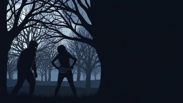 Attacker approaching woman in dark forest at night. Criminal stalking victim in woods. Dangerous situation, crime scene, thriller scene, fear, suspense concept.