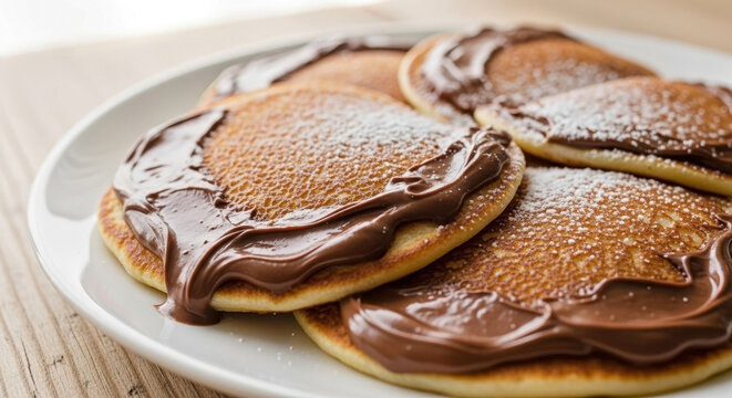 Freshly cooked Blini with chocolate spread, artfully arranged on white ceramic plate, sprinkled with powdered sugar.