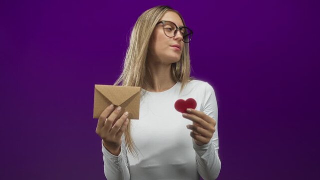 Woman holding a brown envelope and a red heart with visible hands and glasses, wearing a white shirt against a purple studio backdrop; longing.