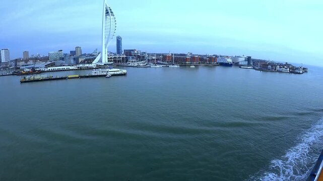 Panoramic view of Portsmouth harbour including the Spinnaker as the ferry leaves harbour.