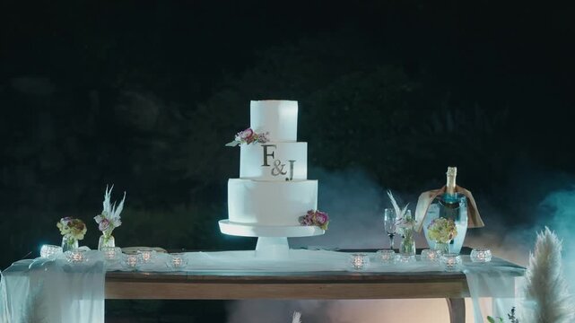 Three Tier White Wedding Cake with Monogram and Flowers on Outdoor Table at Night