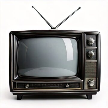 Classic black television with rabbit ears on white