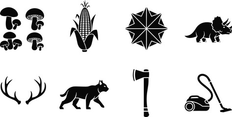 Black silhouette icon set featuring mushrooms, corn, geometric star, triceratops dinosaur, deer antlers, wolf, axe and vacuum cleaner vector illustration © Jahangir