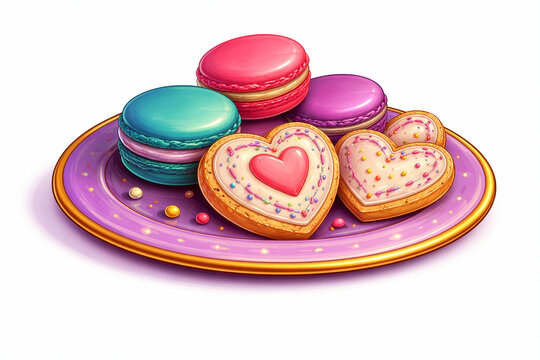 Heart-shaped cookies and macarons on a lavender plate