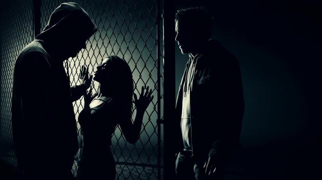Man in hoodie cornering woman against chain link fence. Criminal attempting to intimidate victim in dark alley. Aggressive behavior and threat scenario concept.