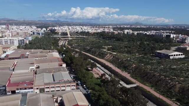Aerial view of the Vinalop&oacute; riverbed and the Generalitat bridge, Elche, Spain.