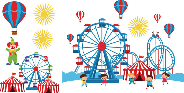 Colorful amusement park carnival scene with ferris wheel roller coaster circus tents hot air balloons and happy kids cartoon vector illustration set