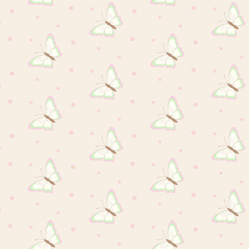 Seamless pastel butterfly pattern with cute insects flowers and soft neutral background