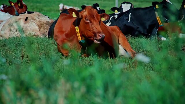 Handheld slow motion shot of dairy cows resting in green pasture, brown cow with ear tag chewing cud while black and white cattle lie on grass in rural farmland