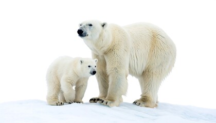 Fototapeta premium A majestic adult mammal stands beside its cub on a snowy surface against a stark white backdrop, embodying strength and youth