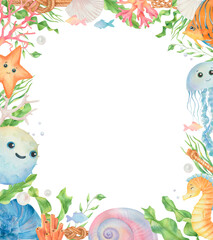Cute Watercolor frame with cartoon underwater animals and sea elements  © Sweet