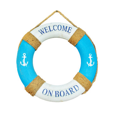 Blue and white lifebuoy with text Welcome on borard, nautical decor, welcome sign isolated on white or transparent background, png