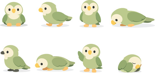 Obraz premium Birds Vector Illustration Set of 8 Cute Poses Sitting, Walking, Standing, Sniffing, Flapping, Resting, Clean Flat Cartoon Style, Modern Design, High-Resolution Artwork