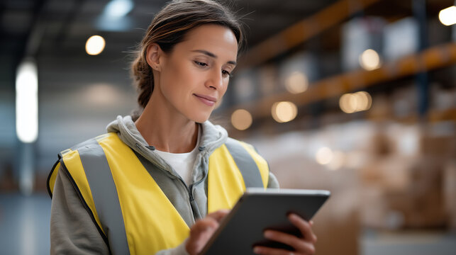Warehouse supervisor coordinating human workers and autonomous vehicles optimizing inventory management through shared digital workspace interface, ideal for logistics innovation, supply chain techn