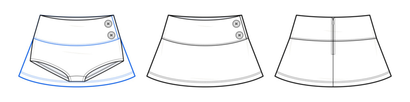 Asymmetrical Wrap Skort with Side Buttons Vector - Skirt with Built-In Shorts Technical Flat CAD Mockup