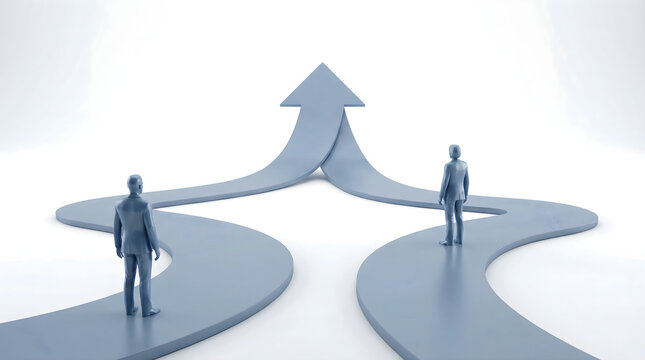 Two business people standing on converging paths merging into one large upward arrow on white background, 3d render conceptual style