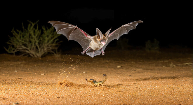 Bat catches scorpion in desert at night under moonlight