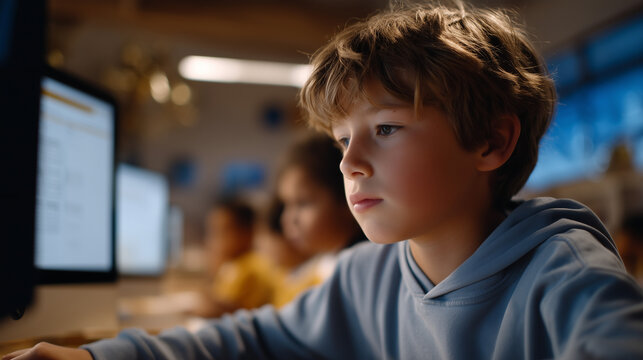 Elementary classroom with students at individual learning stations receiving customized math problems from adaptive AI tutor system, ideal for education technology, personalized instruction keywords