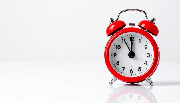 Classic red analog alarm clock with twin bells, white face, black numbers and hands, showing 11:55, placed on reflective white surface, symbolizing urgency, time, approaching moment.