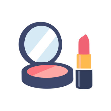 Lipstick with open compact mirror and blush flat vector