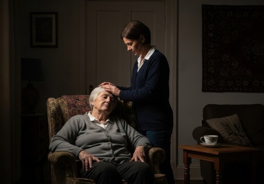 A touching moment between an elderly man and a woman in a dimly lit room