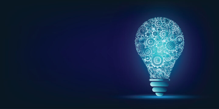 Background illustration features a light bulb shaped technology structure composed of numerous gears. concept of innovative, collaborative, systematic work. with copy space