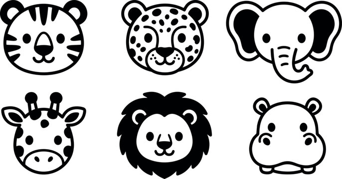 Black and white line art animal faces tiger leopard elephant giraffe lion and hippo