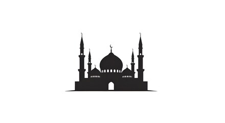 Fototapeta premium Detailed silhouette of a mosque with multiple minarets and a large central dome featuring crescent moon symbols