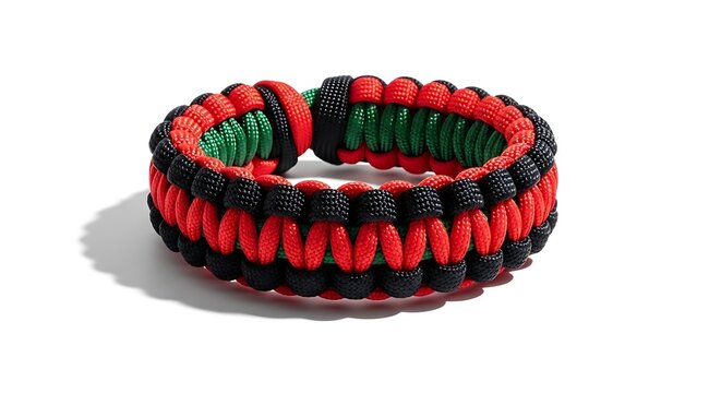 A vibrant red, black, and green paracord bracelet on a white background