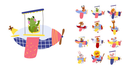 Funny frog pilot waving from a unique airplane with a blue plaid tail. Perfect for pond-themed parties and adventurous kids. Cute cartoon style © Ilona