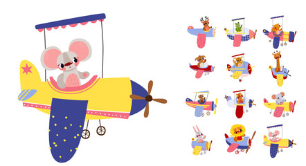 Sweet baby mouse pilot waving from a cozy yellow airplane with a sun shade. Ideal for tiny adventures and gentle nursery decor. Cute cartoon style © Ilona
