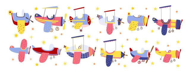Collection of colorful vintage airplanes and biplanes with stars for kids nursery decor or travel themed birthday party invitations hand drawn cute aircraft set © Ilona