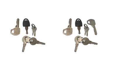 Two identical arrangements of assorted keys are presented on a white background. Each group contains several metal keys of various styles and sizes.