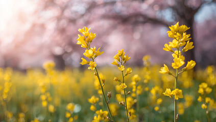 Obraz premium 菜の花を近くで捉えた桜ぼけの春の風景写真