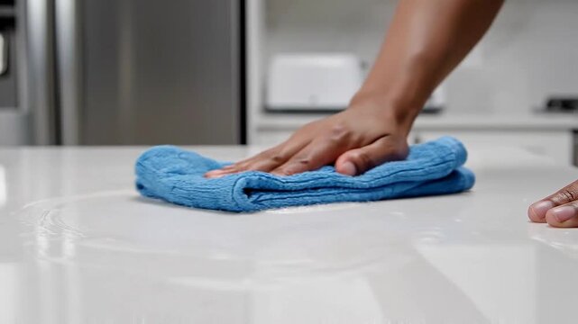 Hand of a woman using a blue microfiber cloth to wipe a clean kitchen countertop with water droplets visible in a modern kitchen setting