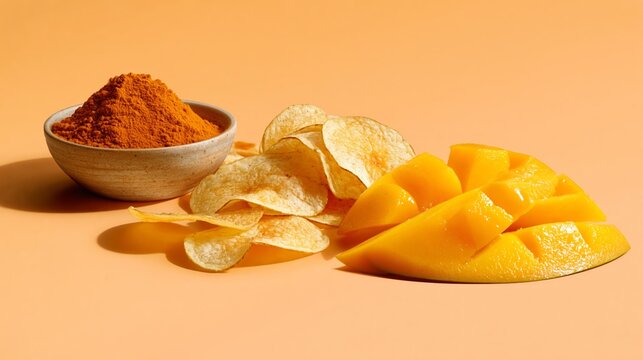 Bowl of chili powder beside crispy potato chips and fresh mango slices on a vibrant orange background, showcasing colorful food arrangement and textures