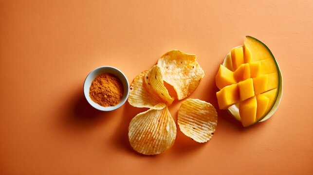 Crispy potato chips arranged beside a bowl of turmeric powder and fresh mango slices on a vibrant orange background for culinary presentation