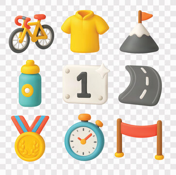 Bicycle Racing and Cycling Competition Vector Icon Set | 3D icon set | racing bicycle, jersey, mountain, water bottle, number one race bib, winding road, gold winner medal, stopwatch, finish line