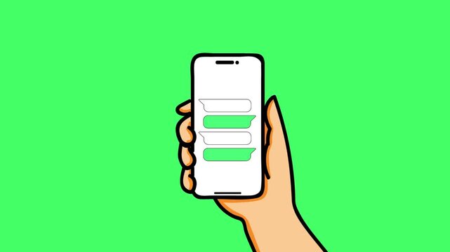 Hand Holding Smartphone With Messaging Chat Bubbles on Bright Green Background Illustraton Animation