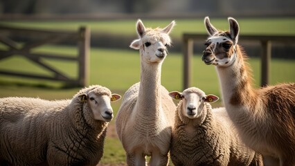Obraz premium Rescued alpaca with sheep and llama, peaceful farm animal wildlife photography