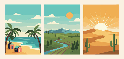 Obraz premium Scenic landscape window view, tropical palm trees, mountain river valley, nature panorama illustration, peaceful outdoor scenery, flat design environment, travel destination background