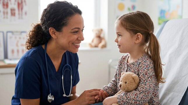 Kind female pediatrician or nurse holding hands with little girl in clinic, medical consultation in office, pediatric healthcare, child patient care, trust and empathy in medicine