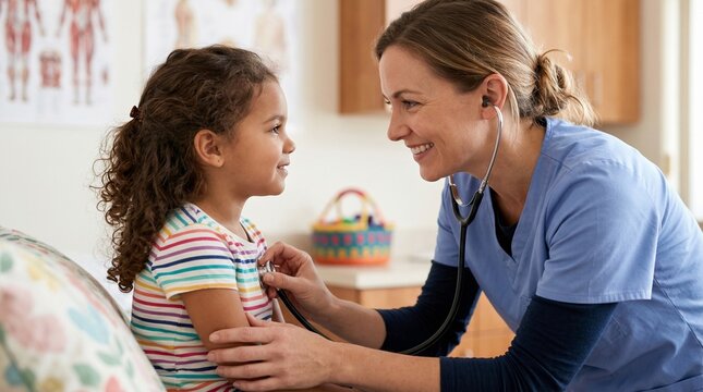 Professional female doctor examining young girl with stethoscope in medical office, pediatric heart checkup, healthcare service for children, friendly pediatrician at work in clinic