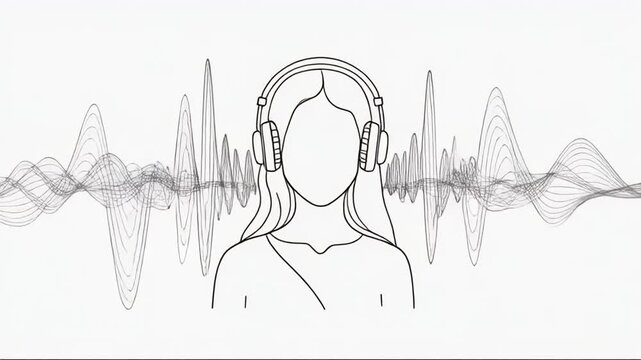 A woman in line art wearing headphones surrounded by wave-like graphic forms, on a white background