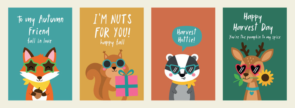 Squirrel and badger, cute autumn animals, harvest fall illustration, wildlife forest characters, funny animal cartoon, nature gift set, woodland friend icons.

